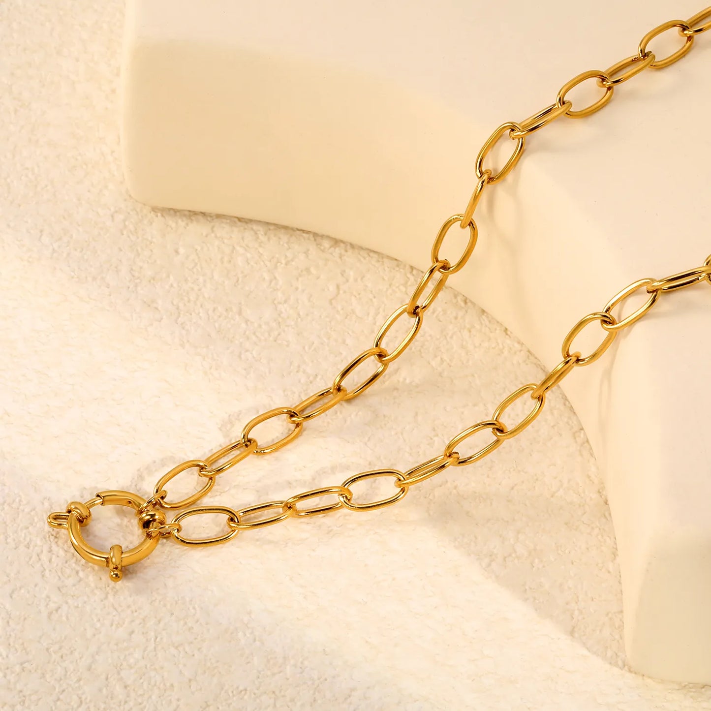 Smooth Paperclip Chain Spring Ring Front Clasp Necklace| 18K Gold Plated Stainless Steel  | Wholesale MOQ 12