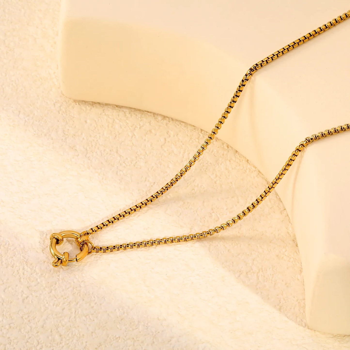 2mm Box Chain Front Spring Ring Clasp Necklace | Length 45cm | 18K Gold Plated Stainless Steel Square Box Link | Wholesale MOQ 12