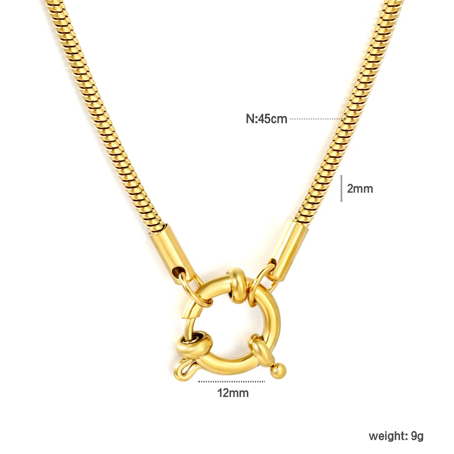 2mm Round Snake Chain Front Spring Ring Clasp 18K Gold Plated Stainless Steel Necklace| Wholesale MOQ 12