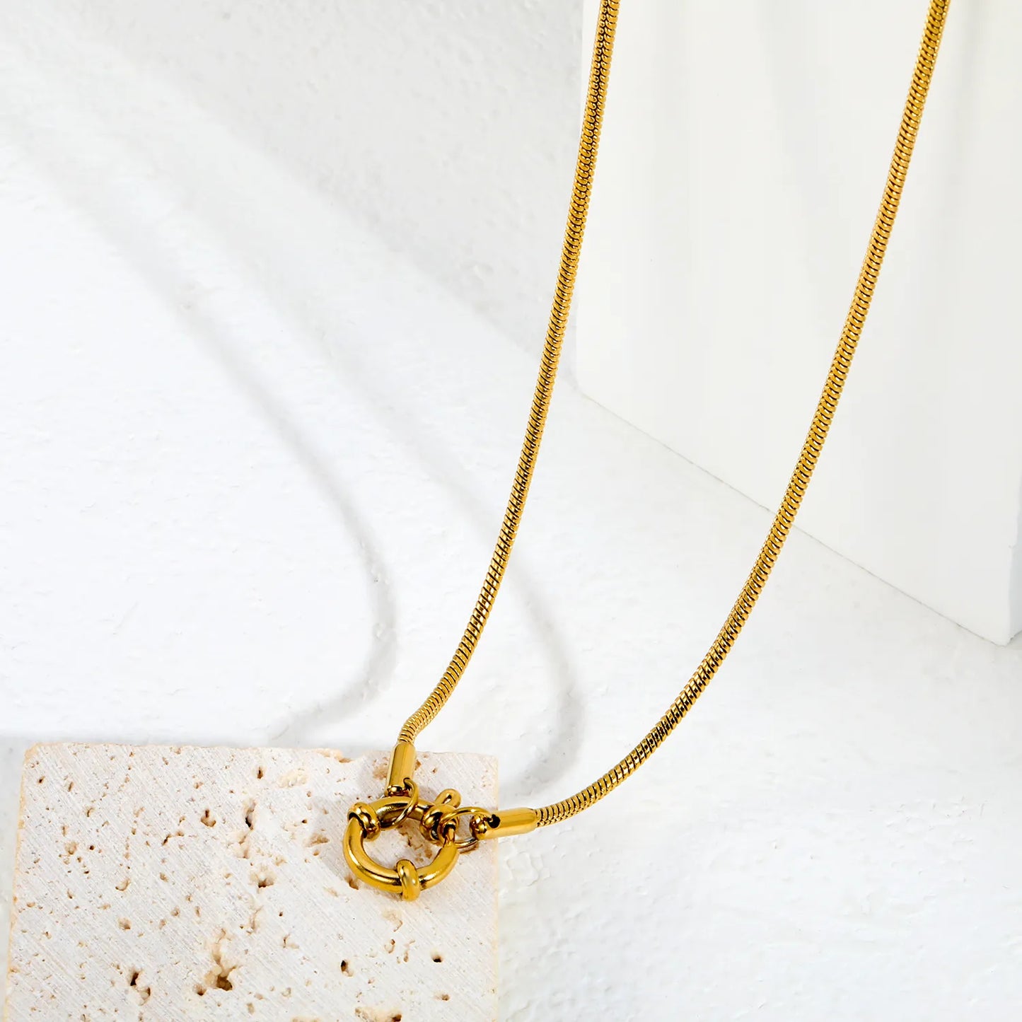 2mm Round Snake Chain Front Spring Ring Clasp 18K Gold Plated Stainless Steel Necklace| Wholesale MOQ 12