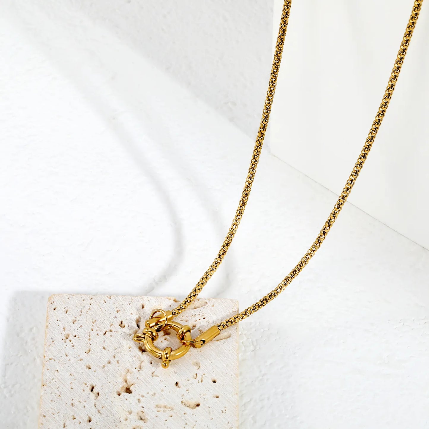 2mm Round Core Box Chain Front Spring Ring Clasp Necklace | 18K Gold Plated Stainless Steel |  Mini Cube Box Link Necklace | Wholesale MOQ 12