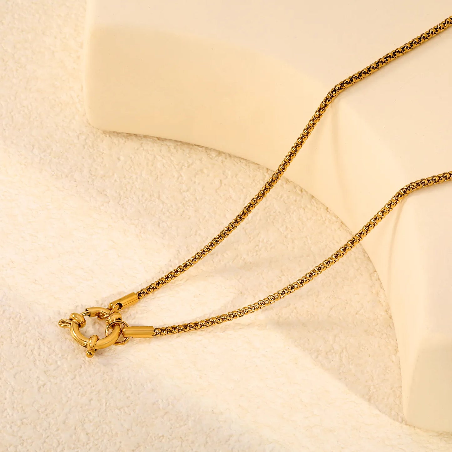 2mm Round Core Box Chain Front Spring Ring Clasp Necklace | 18K Gold Plated Stainless Steel |  Mini Cube Box Link Necklace | Wholesale MOQ 12