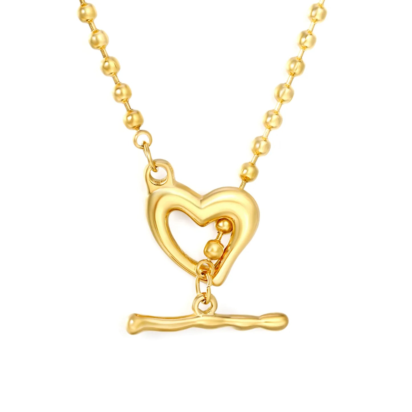 Hollow Heart Toggle Bar Bead Ball Chain Necklace, 40cm | 18K Gold Plated Stainless Steel | OT Clasp Love Pendant Necklace | Wholesale MOQ 12