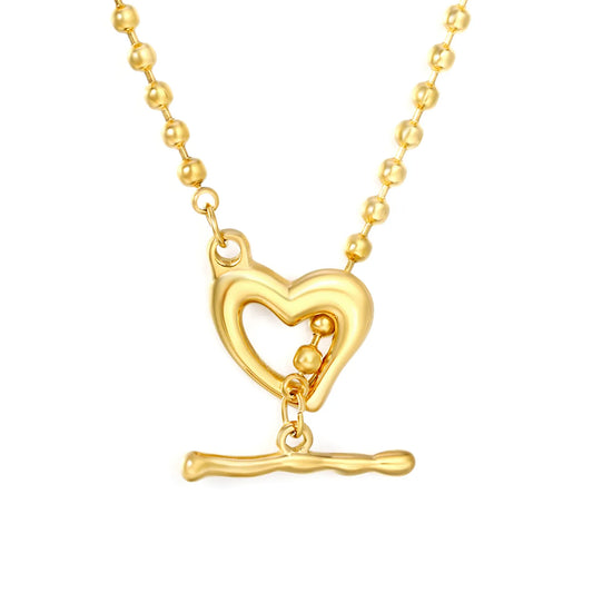 Hollow Heart Toggle Bar Bead Ball Chain Necklace, 40cm | 18K Gold Plated Stainless Steel | OT Clasp Love Pendant Necklace | Wholesale MOQ 12