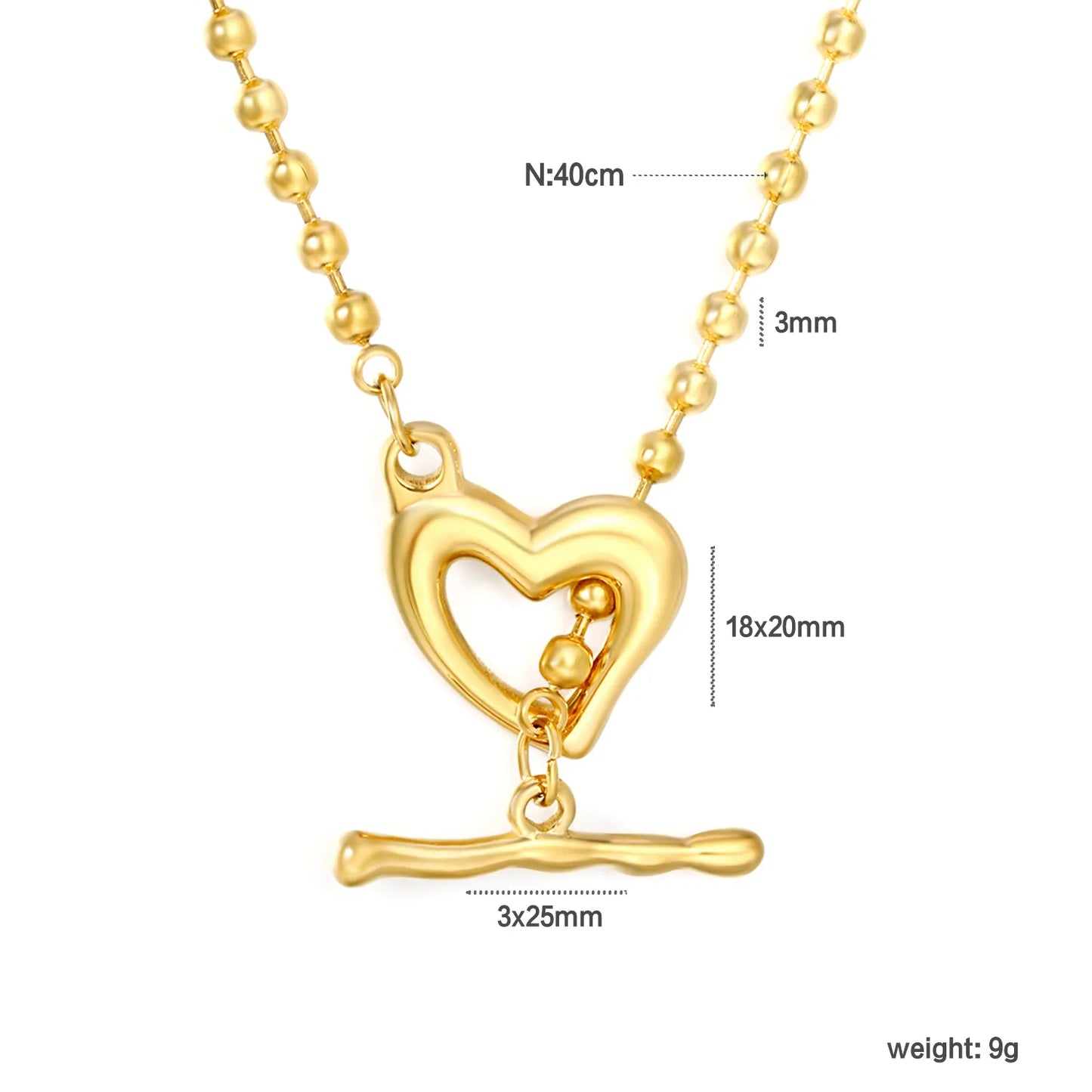 Hollow Heart Toggle Bar Bead Ball Chain Necklace, 40cm | 18K Gold Plated Stainless Steel | OT Clasp Love Pendant Necklace | Wholesale MOQ 12