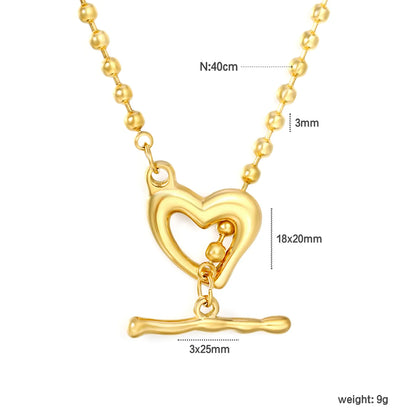 Hollow Heart Toggle Bar Bead Ball Chain Necklace, 40cm | 18K Gold Plated Stainless Steel | OT Clasp Love Pendant Necklace | Wholesale MOQ 12