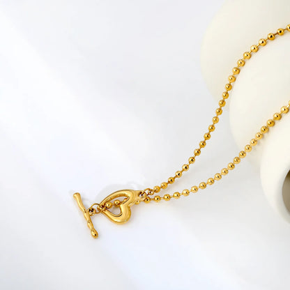 Hollow Heart Toggle Bar Bead Ball Chain Necklace, 40cm | 18K Gold Plated Stainless Steel | OT Clasp Love Pendant Necklace | Wholesale MOQ 12