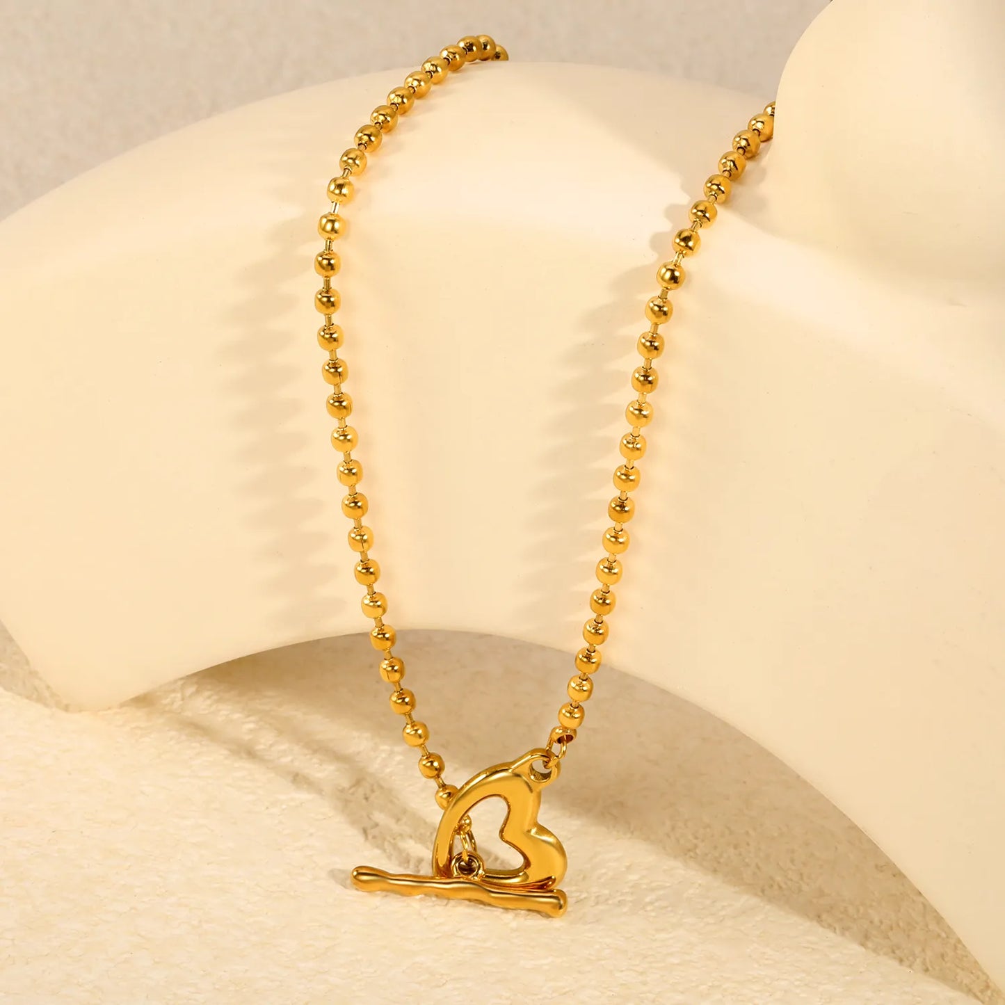Hollow Heart Toggle Bar Bead Ball Chain Necklace, 40cm | 18K Gold Plated Stainless Steel | OT Clasp Love Pendant Necklace | Wholesale MOQ 12