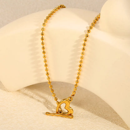 Hollow Heart Toggle Bar Bead Ball Chain Necklace, 40cm | 18K Gold Plated Stainless Steel | OT Clasp Love Pendant Necklace | Wholesale MOQ 12