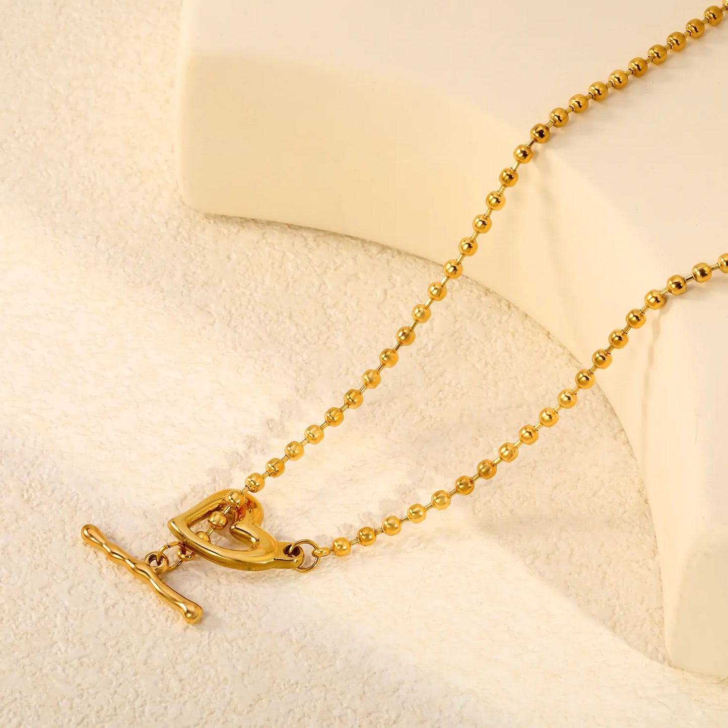 Hollow Heart Toggle Bar Bead Ball Chain Necklace, 40cm | 18K Gold Plated Stainless Steel | OT Clasp Love Pendant Necklace | Wholesale MOQ 12
