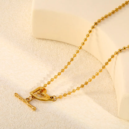 Hollow Heart Toggle Bar Bead Ball Chain Necklace, 40cm | 18K Gold Plated Stainless Steel | OT Clasp Love Pendant Necklace | Wholesale MOQ 12