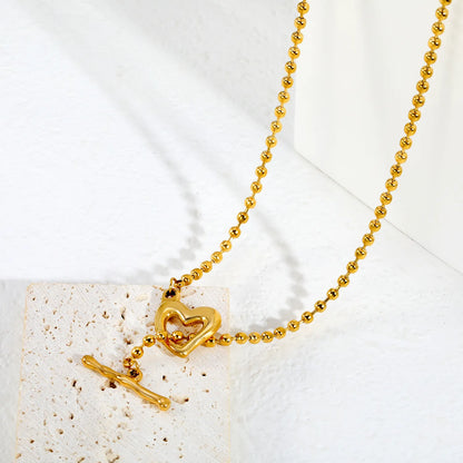 Hollow Heart Toggle Bar Bead Ball Chain Necklace, 40cm | 18K Gold Plated Stainless Steel | OT Clasp Love Pendant Necklace | Wholesale MOQ 12