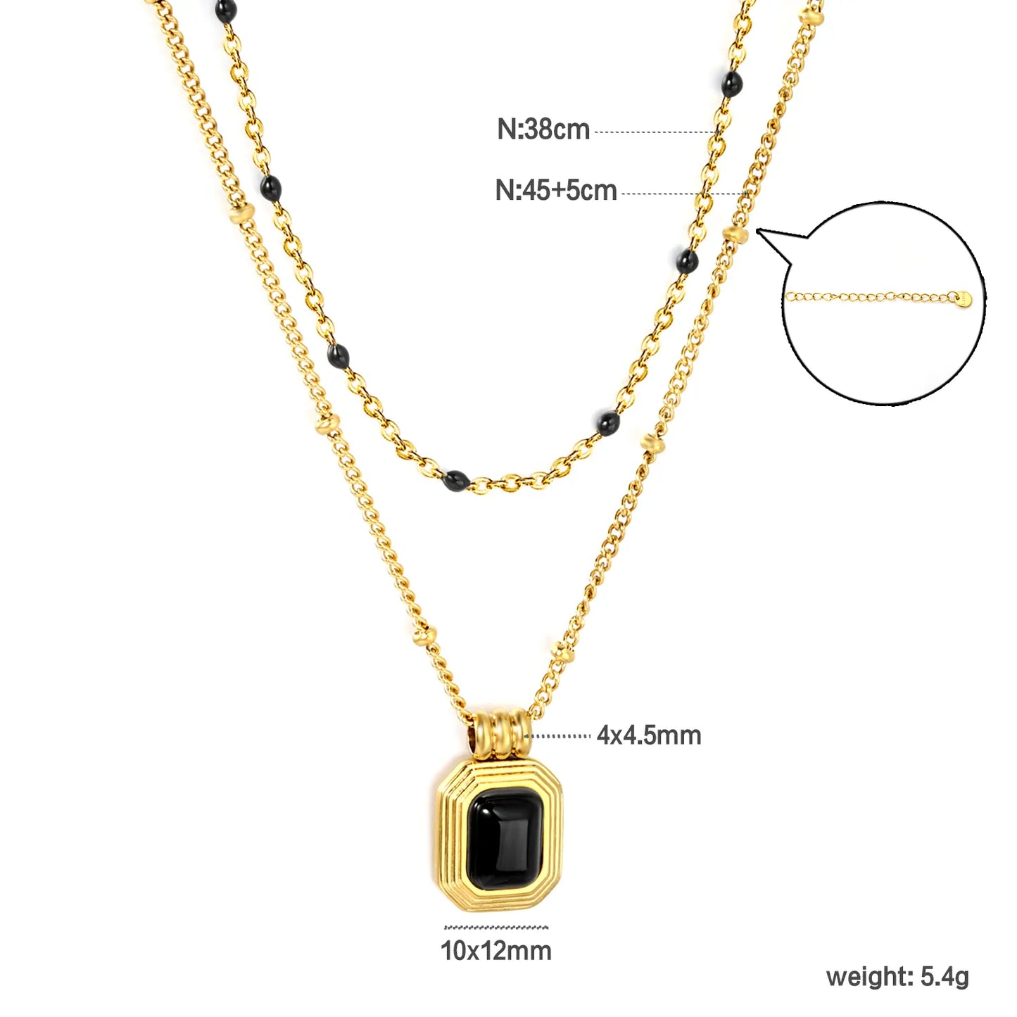 Two Layer Mixed Bead Chain Black Onyx Rectangle Pendant Necklace Adjustable | Length 45+5cm | 18K Gold Plated Stainless Steel  | Wholesale MOQ 12