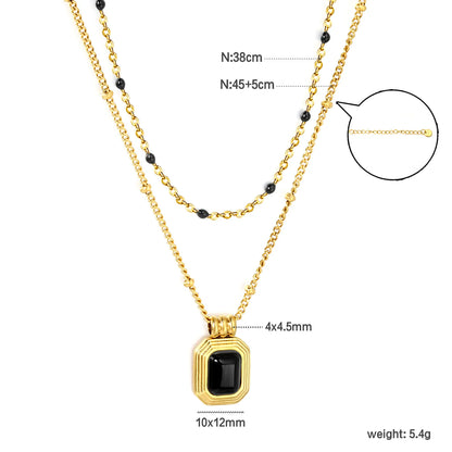 Two Layer Mixed Bead Chain Black Onyx Rectangle Pendant Necklace Adjustable | Length 45+5cm | 18K Gold Plated Stainless Steel  | Wholesale MOQ 12