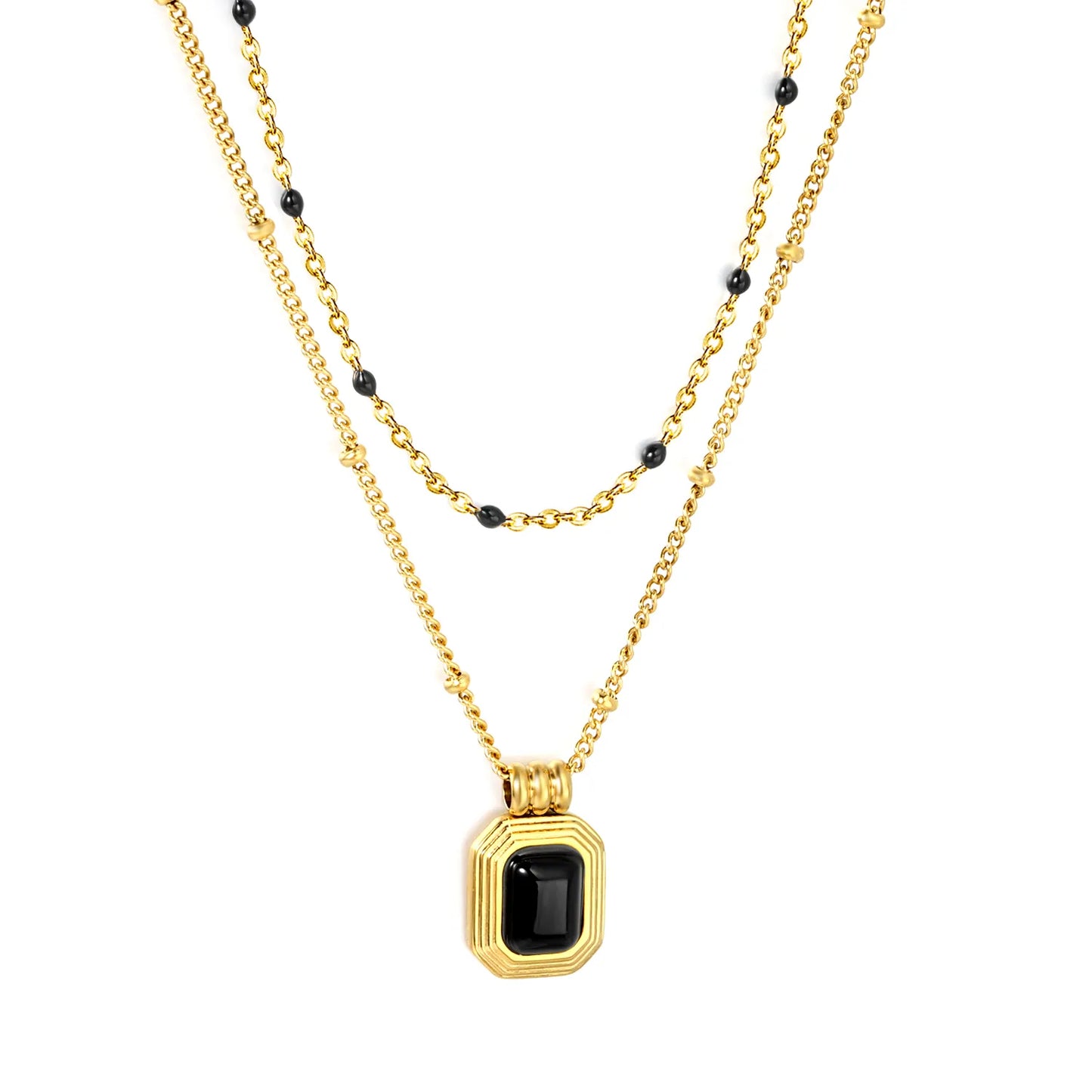 Two Layer Mixed Bead Chain Black Onyx Rectangle Pendant Necklace Adjustable | Length 45+5cm | 18K Gold Plated Stainless Steel  | Wholesale MOQ 12