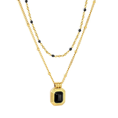 Two Layer Mixed Bead Chain Black Onyx Rectangle Pendant Necklace Adjustable | Length 45+5cm | 18K Gold Plated Stainless Steel  | Wholesale MOQ 12