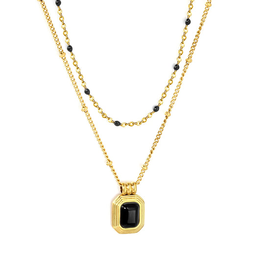 Two Layer Mixed Bead Chain Black Onyx Rectangle Pendant Necklace Adjustable | Length 45+5cm | 18K Gold Plated Stainless Steel  | Wholesale MOQ 12