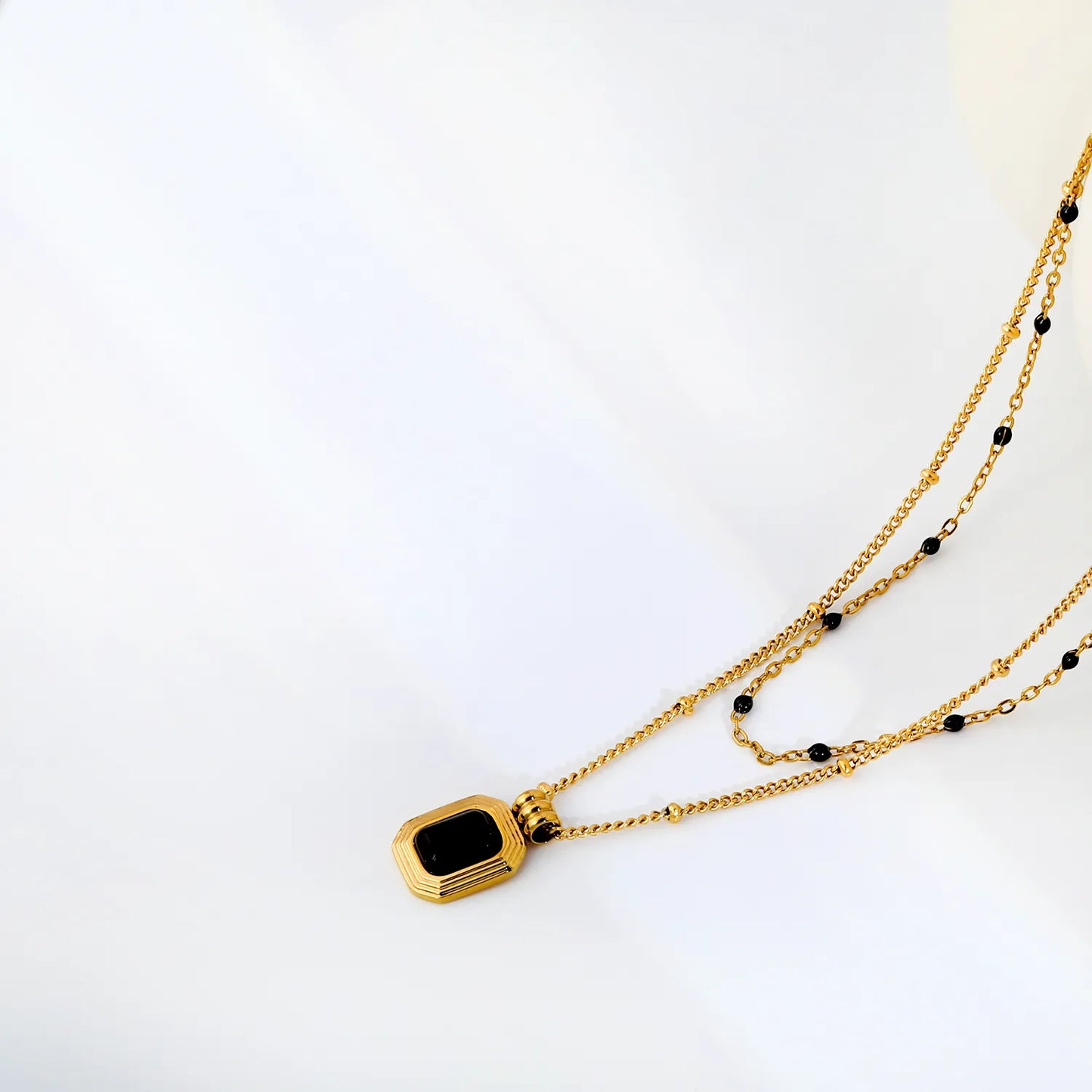 Two Layer Mixed Bead Chain Black Onyx Rectangle Pendant Necklace Adjustable | Length 45+5cm | 18K Gold Plated Stainless Steel  | Wholesale MOQ 12