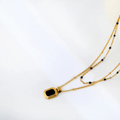 Two Layer Mixed Bead Chain Black Onyx Rectangle Pendant Necklace Adjustable | Length 45+5cm | 18K Gold Plated Stainless Steel  | Wholesale MOQ 12