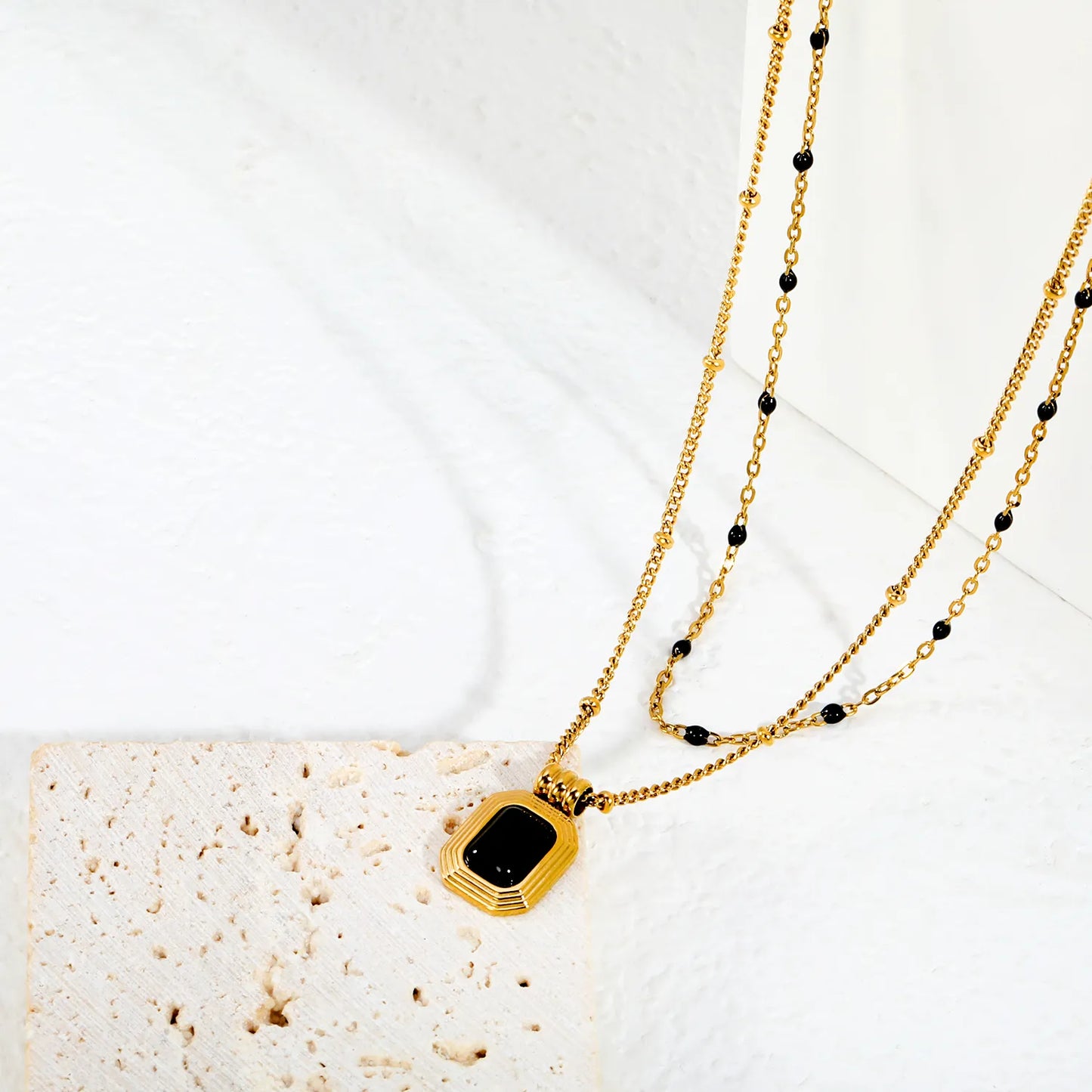 Two Layer Mixed Bead Chain Black Onyx Rectangle Pendant Necklace Adjustable | Length 45+5cm | 18K Gold Plated Stainless Steel  | Wholesale MOQ 12