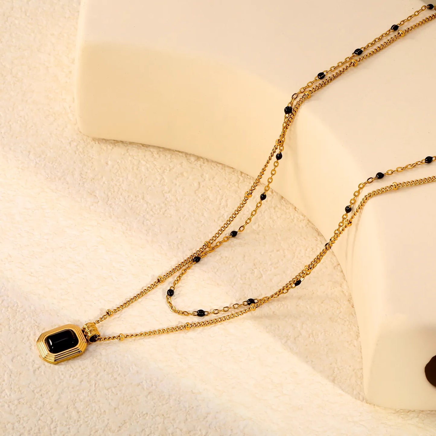 Two Layer Mixed Bead Chain Black Onyx Rectangle Pendant Necklace Adjustable | Length 45+5cm | 18K Gold Plated Stainless Steel  | Wholesale MOQ 12
