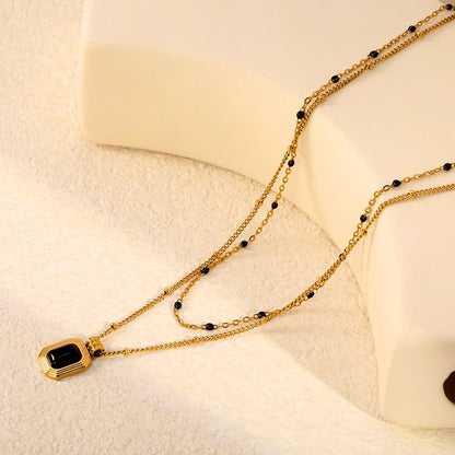 Two Layer Mixed Bead Chain Black Onyx Rectangle Pendant Necklace Adjustable | Length 45+5cm | 18K Gold Plated Stainless Steel  | Wholesale MOQ 12