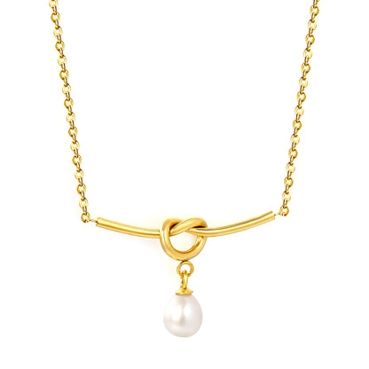Knot Bar Freshwater Pearl Drop Necklace |  Adjustable 40+5cm | 18K Gold Plated Stainless Steel | Wholesale MOQ 12