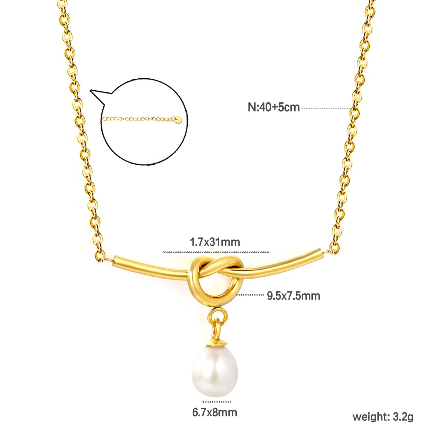 Knot Bar Freshwater Pearl Drop Necklace |  Adjustable 40+5cm | 18K Gold Plated Stainless Steel | Wholesale MOQ 12
