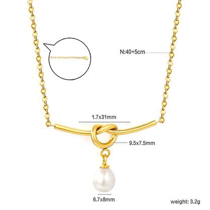 Knot Bar Freshwater Pearl Drop Necklace |  Adjustable 40+5cm | 18K Gold Plated Stainless Steel | Wholesale MOQ 12