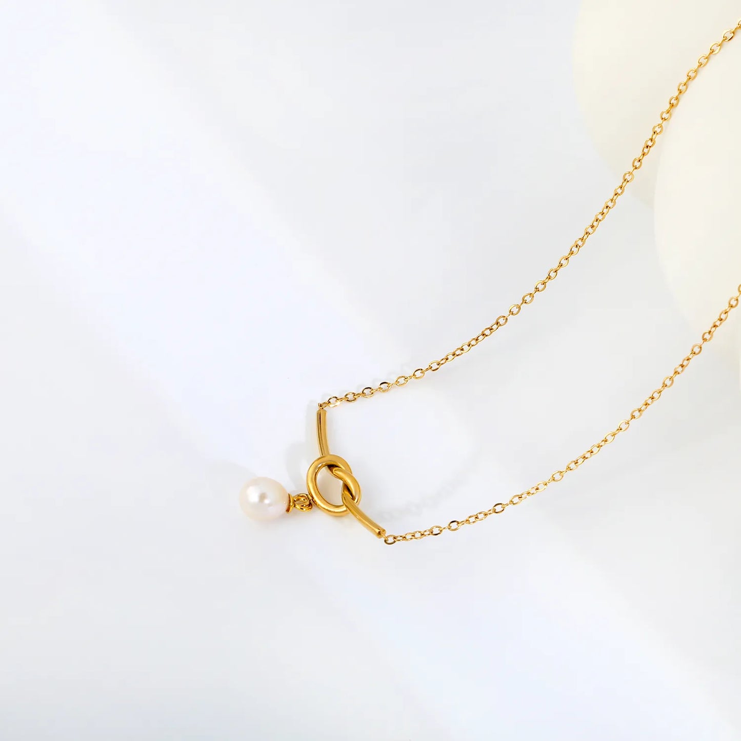 Knot Bar Freshwater Pearl Drop Necklace |  Adjustable 40+5cm | 18K Gold Plated Stainless Steel | Wholesale MOQ 12