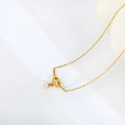 Knot Bar Freshwater Pearl Drop Necklace |  Adjustable 40+5cm | 18K Gold Plated Stainless Steel | Wholesale MOQ 12