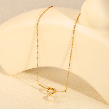 Knot Bar Freshwater Pearl Drop Necklace |  Adjustable 40+5cm | 18K Gold Plated Stainless Steel | Wholesale MOQ 12