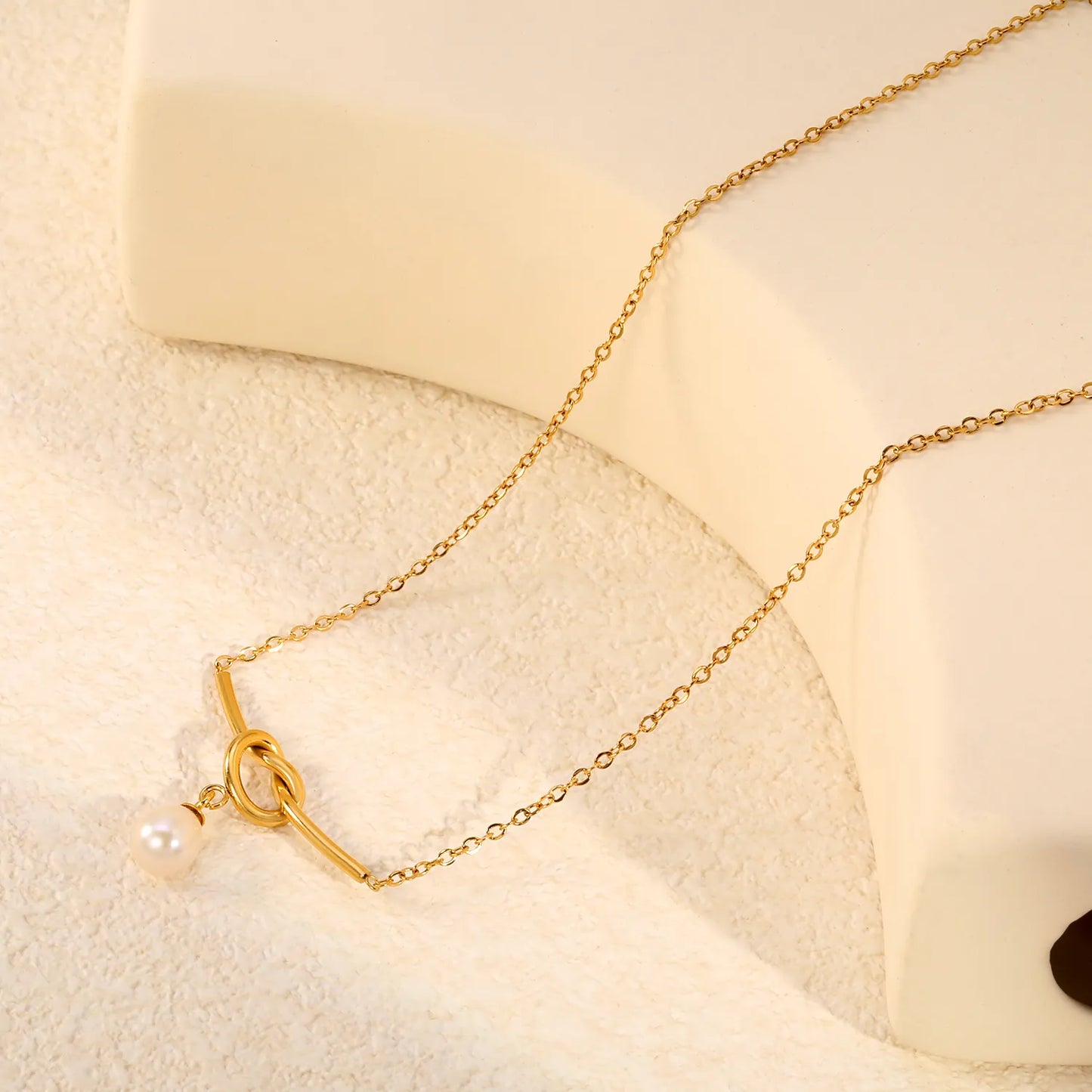 Knot Bar Freshwater Pearl Drop Necklace |  Adjustable 40+5cm | 18K Gold Plated Stainless Steel | Wholesale MOQ 12