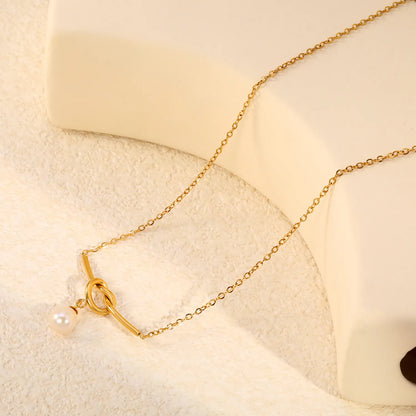 Knot Bar Freshwater Pearl Drop Necklace |  Adjustable 40+5cm | 18K Gold Plated Stainless Steel | Wholesale MOQ 12