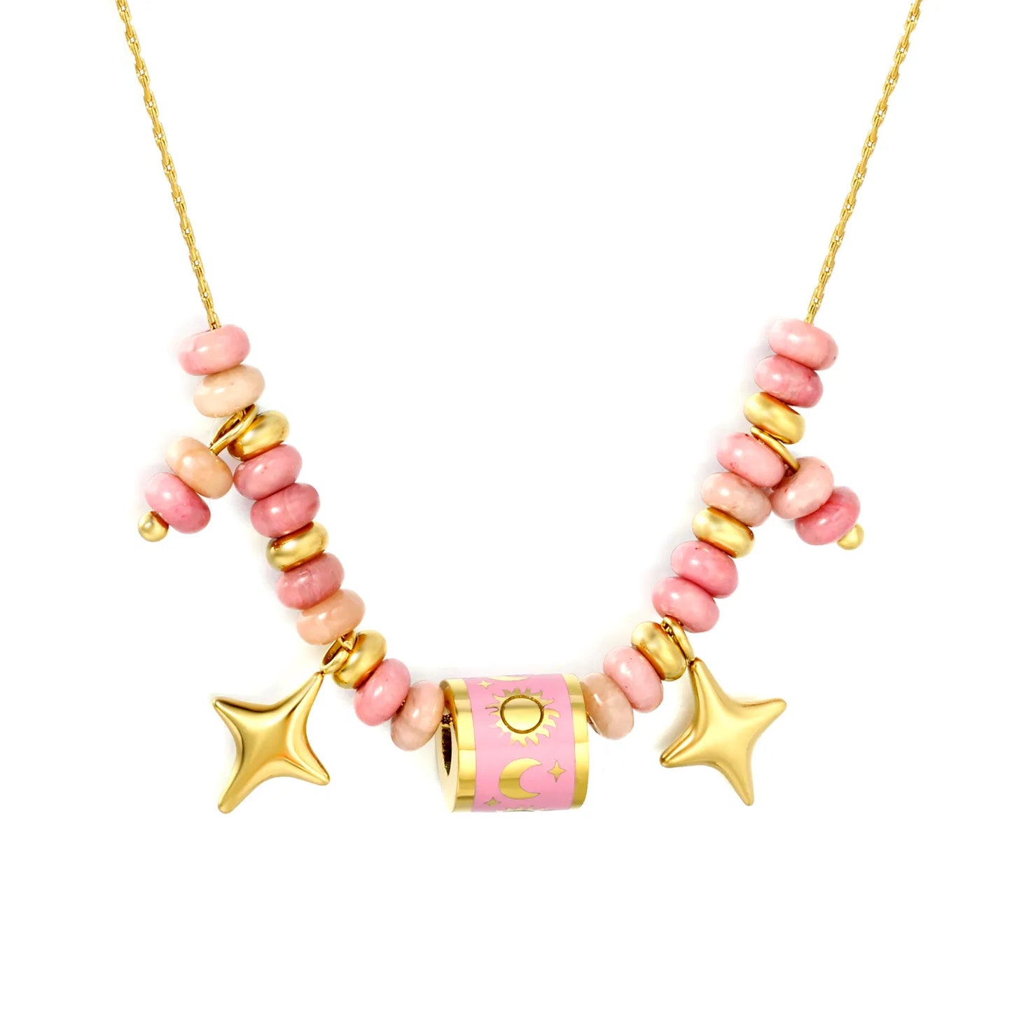Adjustable Sun & Moon Enamel Barrel Natural Stone Bead Star Pendant 18K Gold Plated Stainless Steel Beaded Necklace | 3 Colors Available | Wholesale MOQ 12