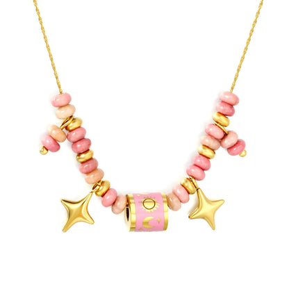 Adjustable Sun & Moon Enamel Barrel Natural Stone Bead Star Pendant 18K Gold Plated Stainless Steel Beaded Necklace | 3 Colors Available | Wholesale MOQ 12