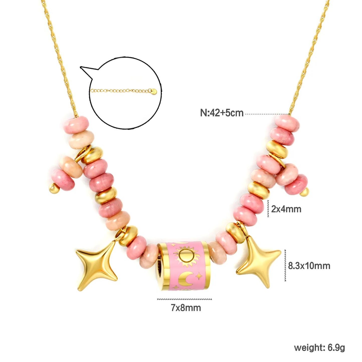 Adjustable Sun & Moon Enamel Barrel Natural Stone Bead Star Pendant 18K Gold Plated Stainless Steel Beaded Necklace | 3 Colors Available | Wholesale MOQ 12
