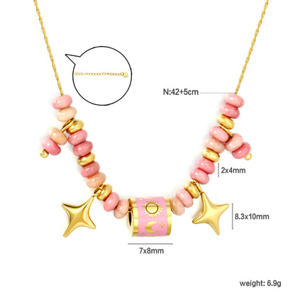 Adjustable Sun & Moon Enamel Barrel Natural Stone Bead Star Pendant 18K Gold Plated Stainless Steel Beaded Necklace | 3 Colors Available | Wholesale MOQ 12