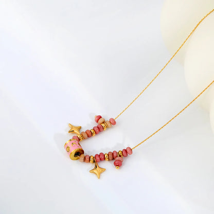 Adjustable Sun & Moon Enamel Barrel Natural Stone Bead Star Pendant 18K Gold Plated Stainless Steel Beaded Necklace | 3 Colors Available | Wholesale MOQ 12