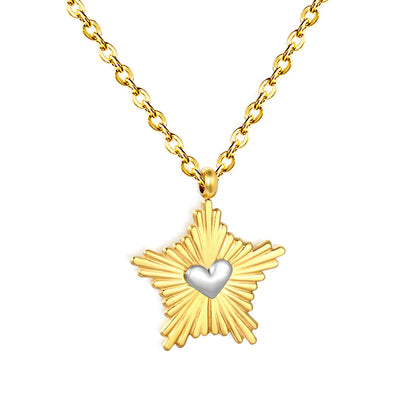 Two-Tone Sunburst Star Silver Heart Pendant 45+5cm  Necklace | 18K Gold Plated Stainless Steel | Wholesale MOQ 12