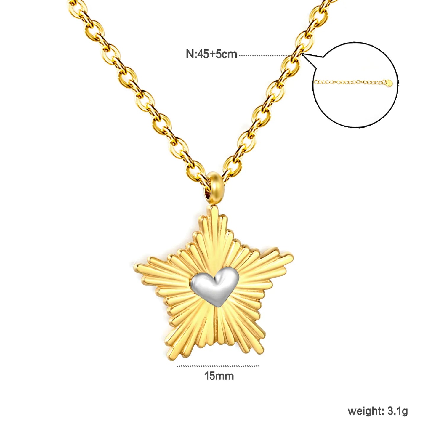 Two-Tone Sunburst Star Silver Heart Pendant 45+5cm  Necklace | 18K Gold Plated Stainless Steel | Wholesale MOQ 12