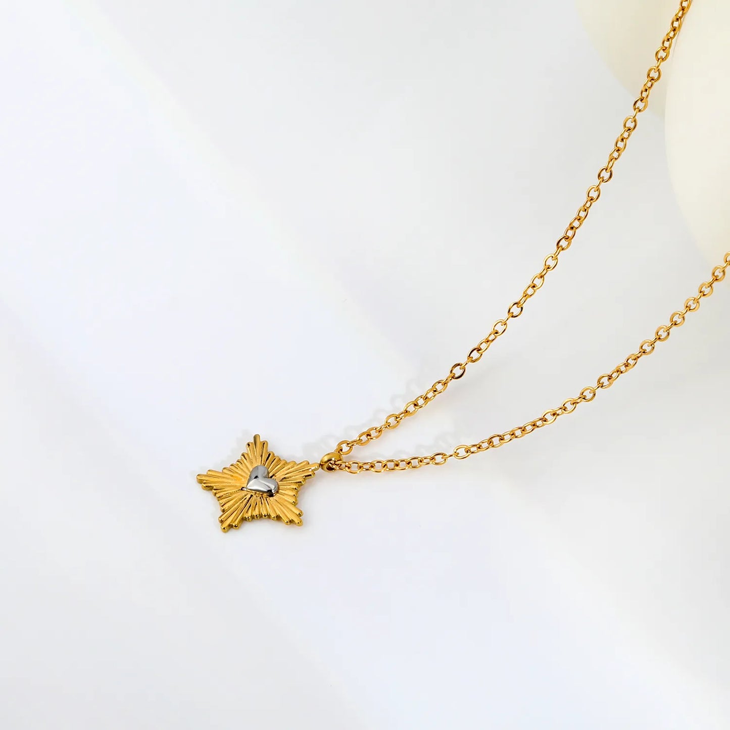 Two-Tone Sunburst Star Silver Heart Pendant 45+5cm  Necklace | 18K Gold Plated Stainless Steel | Wholesale MOQ 12