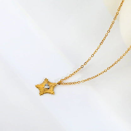 Two-Tone Sunburst Star Silver Heart Pendant 45+5cm  Necklace | 18K Gold Plated Stainless Steel | Wholesale MOQ 12