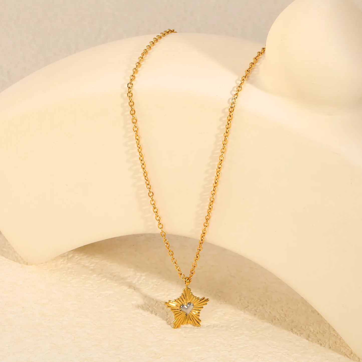 Two-Tone Sunburst Star Silver Heart Pendant 45+5cm  Necklace | 18K Gold Plated Stainless Steel | Wholesale MOQ 12