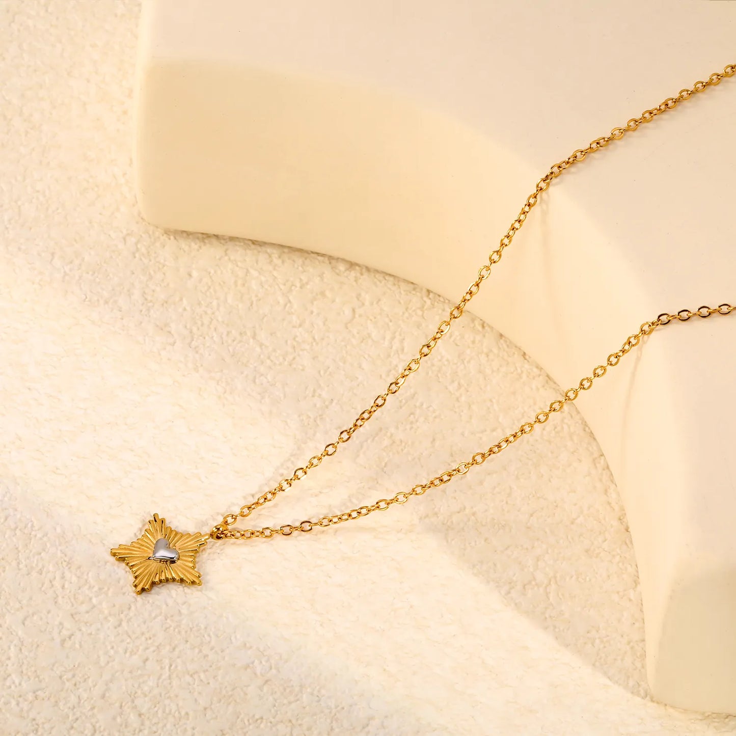Two-Tone Sunburst Star Silver Heart Pendant 45+5cm  Necklace | 18K Gold Plated Stainless Steel | Wholesale MOQ 12