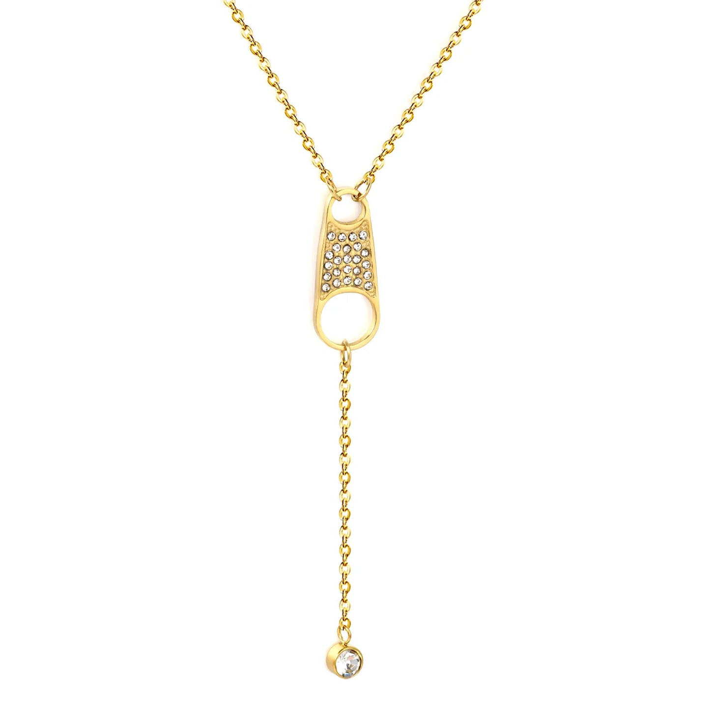 Pavé Crystal Double Hole Tag Y-Drop Lariat Necklace | Wholesale MOQ 12 | | 18K Gold Plated Stainless Steel