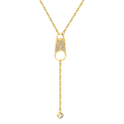 Pavé Crystal Double Hole Tag Y-Drop Lariat Necklace | Wholesale MOQ 12 | | 18K Gold Plated Stainless Steel
