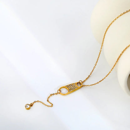 Pavé Crystal Double Hole Tag Y-Drop Lariat Necklace | Wholesale MOQ 12 | | 18K Gold Plated Stainless Steel