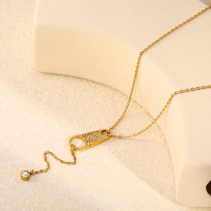 Pavé Crystal Double Hole Tag Y-Drop Lariat Necklace | Wholesale MOQ 12 | | 18K Gold Plated Stainless Steel