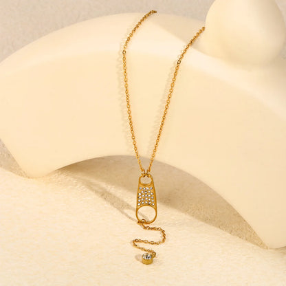 Pavé Crystal Double Hole Tag Y-Drop Lariat Necklace | Wholesale MOQ 12 | | 18K Gold Plated Stainless Steel